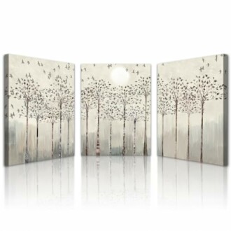 Triptych of abstract tree paintings with birds and sun.