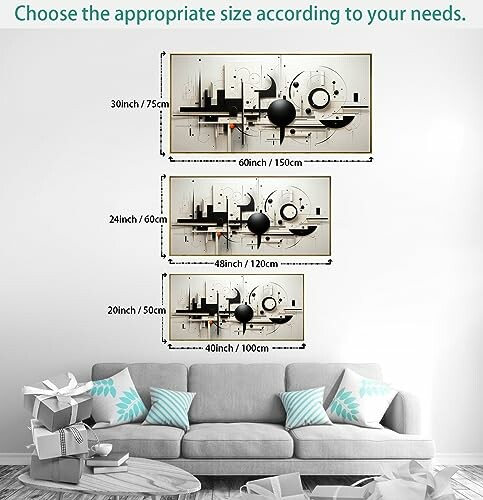 Size guide for abstract wall art above a sofa.