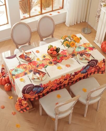 Dining table with autumn-themed decor and floral centerpiece.
