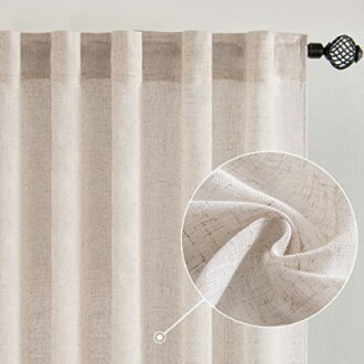 Beige curtain with fabric close-up detail.