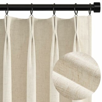 Beige curtain with pleats and close-up texture detail.