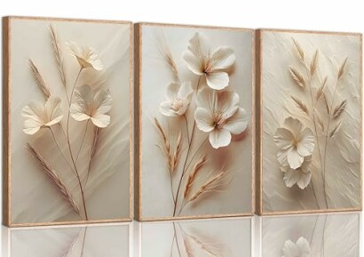 3Pcs Neutral Beige Floral Canvas Wall Art