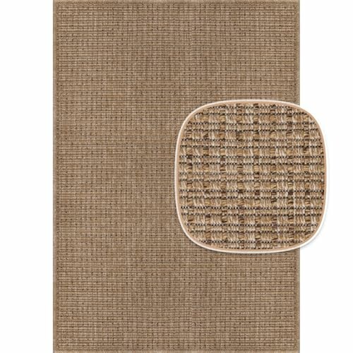 Beige woven rug with close-up texture view.