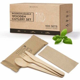 Biodegradable wooden cutlery set with box and utensils.