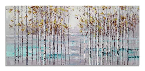 Abstract painting of birch trees in a serene landscape.