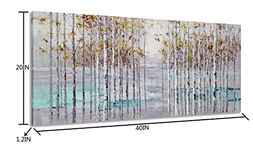 Abstract painting of birch trees with dimensions.