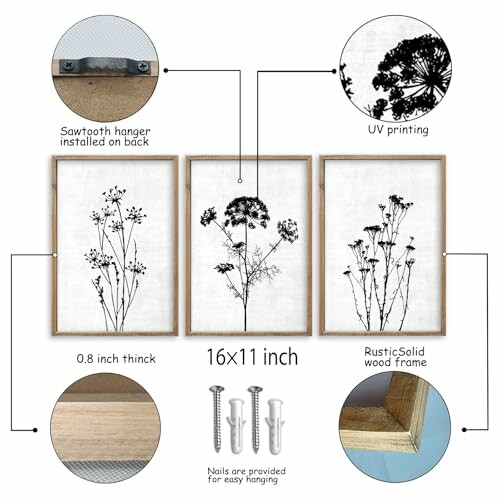 Three botanical prints with sawtooth hanger, UV printing, and rustic wood frames.