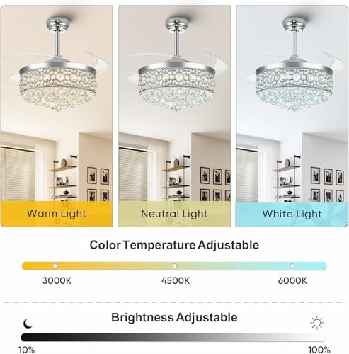 Adjustable ceiling fan light with color temperature and brightness controls.