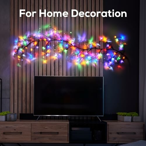 Colorful decorative lights on a wall above a TV stand for home decoration.