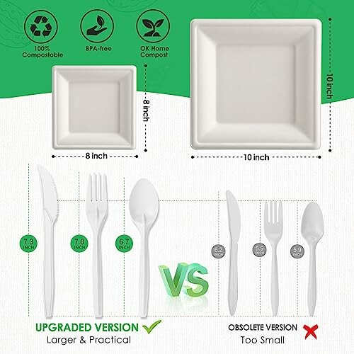 Comparison of square compostable plates and cutlery sets, highlighting size differences.
