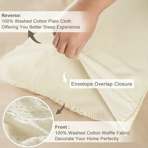 Hand adjusting cotton pillowcase with envelope overlap closure.