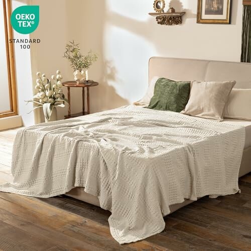 Cozy bedroom with a textured blanket on the bed, decorative pillows, and a vase of flowers.