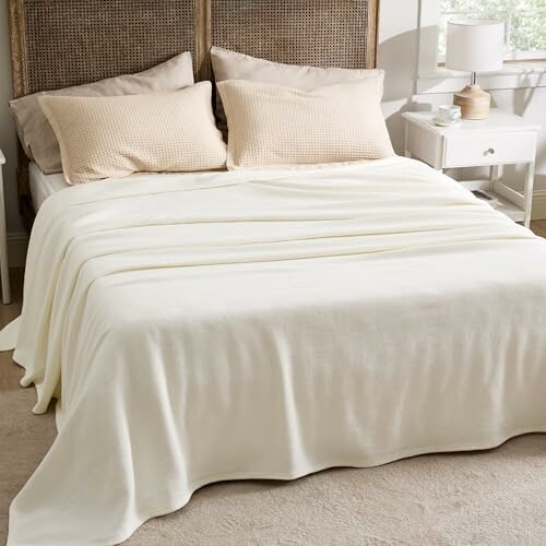 Cozy bed with white blanket and beige pillows