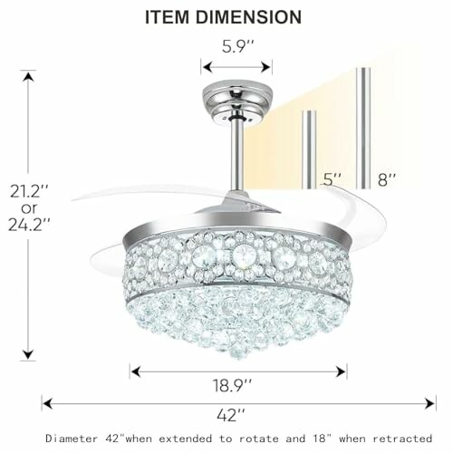 Dimensions and retractable blades of the 42 inch Deliyfans ceiling fan.