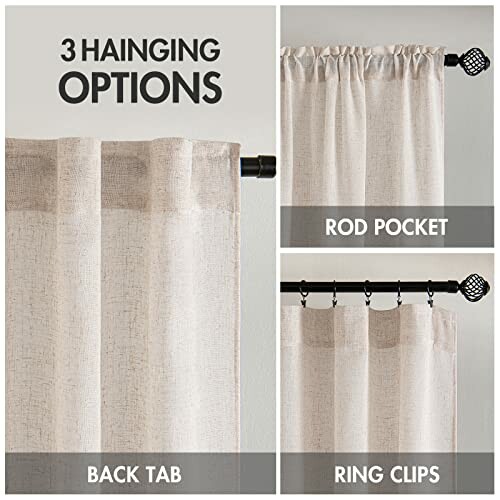 Three curtain hanging options: back tab, rod pocket, and ring clips.