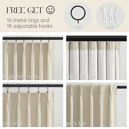 Curtain hanging options with rings, hooks, track system, clip rings, and back tab.