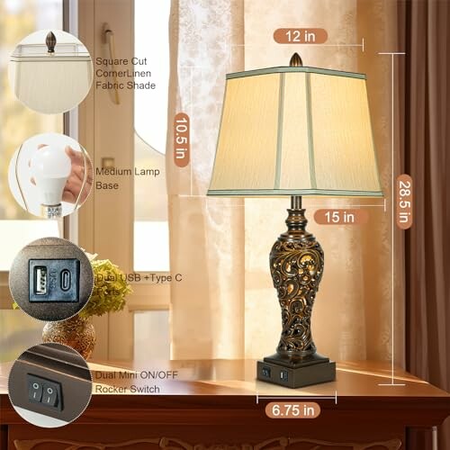 Decorative table lamp with fabric shade, USB and Type C ports, and dual rocker switch.