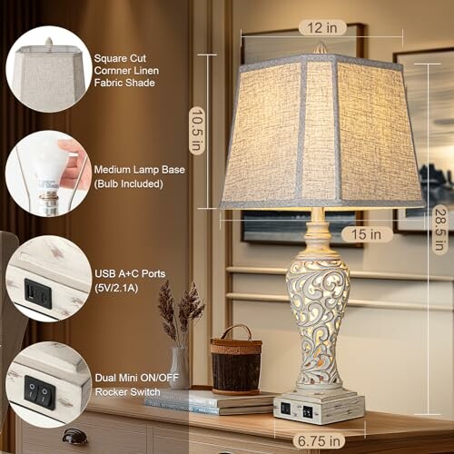 Decorative table lamp with USB ports and dual mini rocker switch.