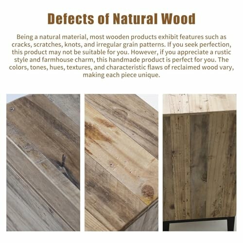 Three images showing natural wood defects including cracks, knots, and grain patterns.