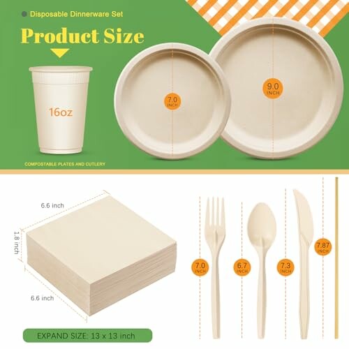 Disposable dinnerware set with size details for plates, cup, napkins, and cutlery.