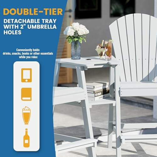 Outdoor chairs with a detachable tray holding drinks and snacks.