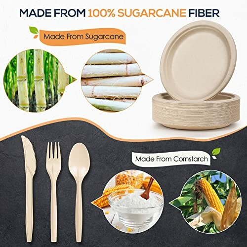 Biodegradable plates and cutlery made from sugarcane and cornstarch.