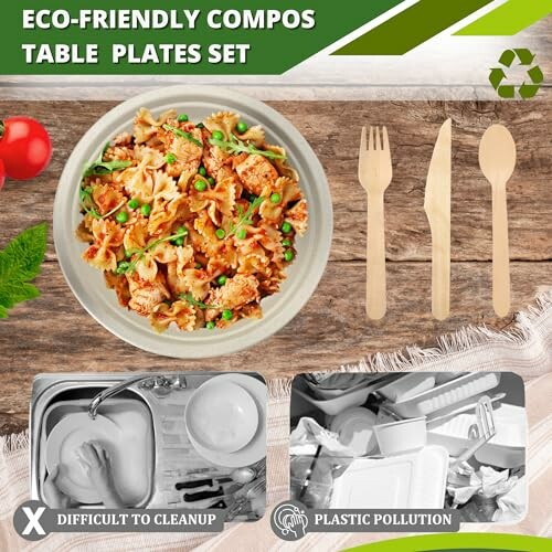 Eco-friendly compostable table plates set with pasta and wooden utensils.