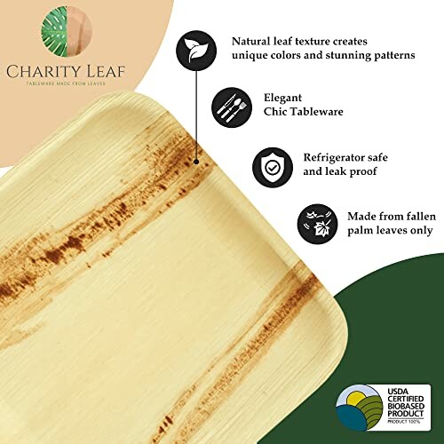 Eco-friendly palm leaf plate with natural texture and certifications.