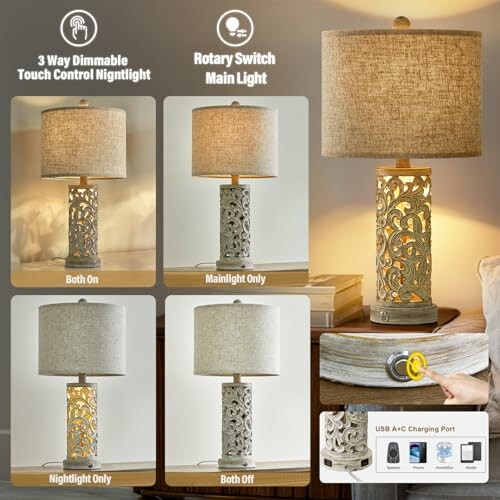 Table lamp with dimmable nightlight and rotary switch main light features.