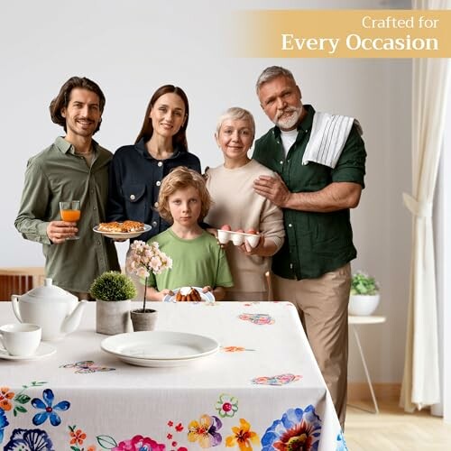Family gathered around a dining table with food and drinks.