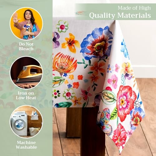 Floral tablecloth with care instructions: no bleach, iron low heat, machine washable.