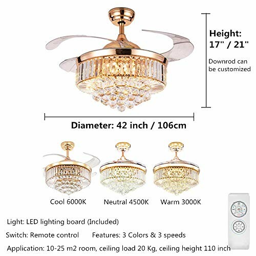 Gold ceiling fan chandelier with remote control and customizable downrod.