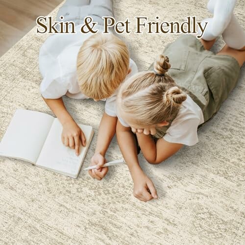 Two children lying on a beige rug with a notebook, labeled 'Skin & Pet Friendly'.
