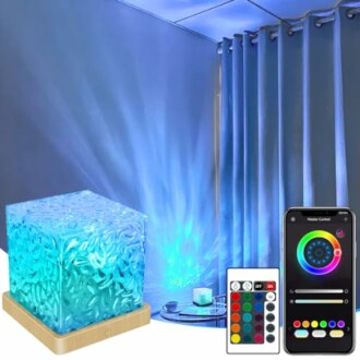 LED light projector with remote control and mobile app display in a room.