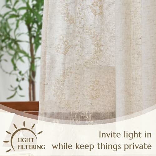 Light filtering curtain with privacy feature.