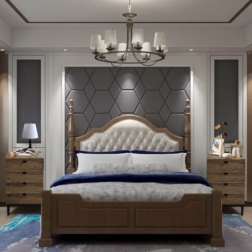 Elegant bedroom with a wooden bed, chandelier, and stylish decor.