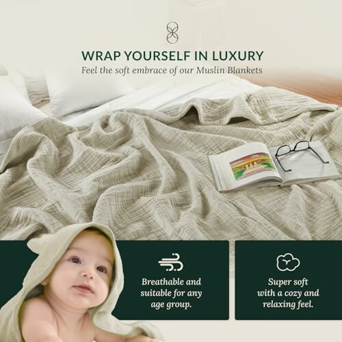 Muslin blankets on bed with book and glasses, promotional text and baby wrapped in blanket.