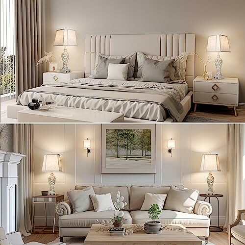 Elegant bedroom and living room with neutral tones and stylish decor.