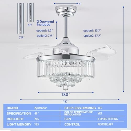 Modern silver ceiling fan with integrated light and remote control features.