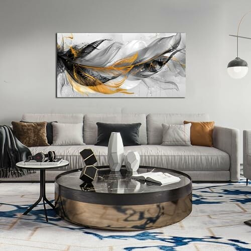Modern living room with abstract art and stylish decor