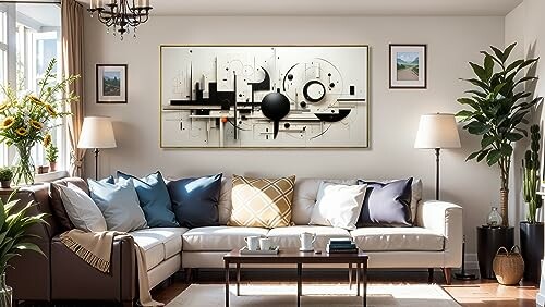 Modern living room with abstract art and cozy seating.