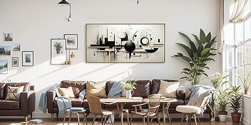 Stylish living room with abstract art and plants.