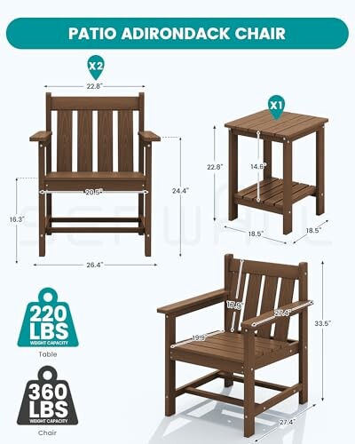 Diagram of a patio Adirondack chair and table set with dimensions and weight capacities.