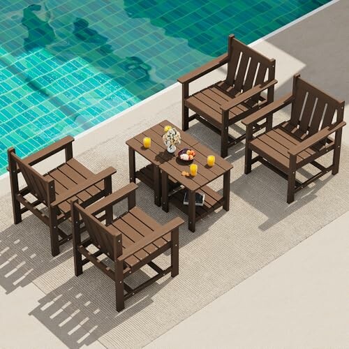 Outdoor patio furniture set with four chairs and a table by a pool.