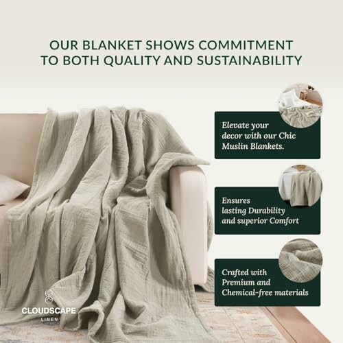 Chic muslin blanket on a sofa highlighting quality and sustainability.