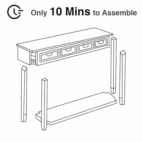 Illustration of an easy-to-assemble console table with four legs, a top piece, and a bottom shelf.