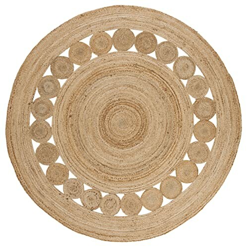 Round woven jute rug with circular patterns.
