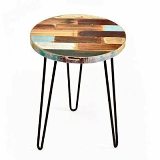 Round wooden stool with metal legs.