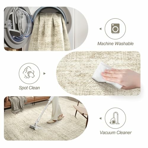 Rug cleaning methods: machine washable, spot clean, vacuum cleaner.