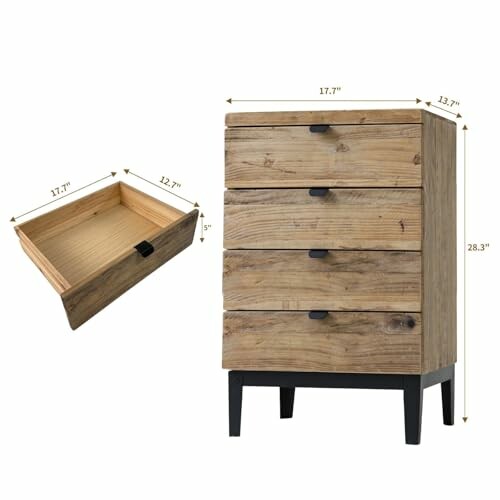 Rustic wooden dresser with four drawers and dimensions.